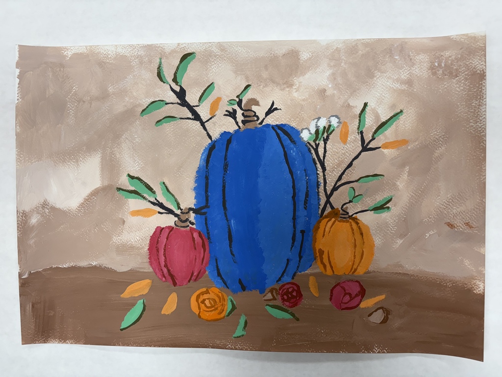 Painting of a red, blue and orange pumpkin