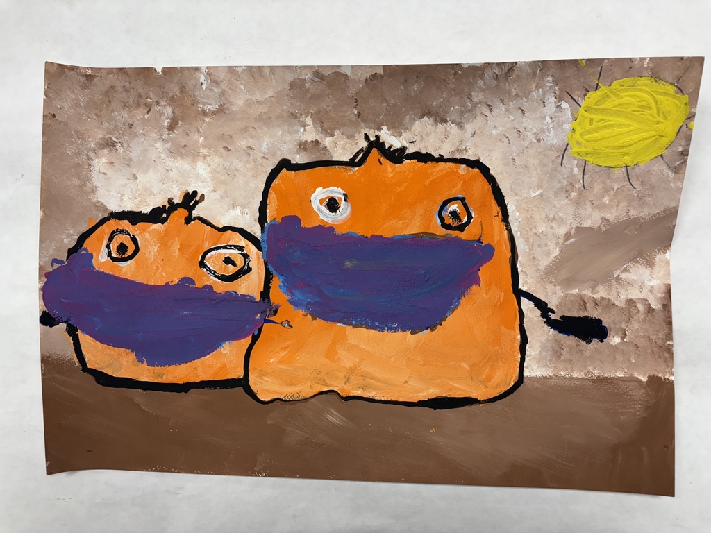 Painting of two orange pumpkins with faces