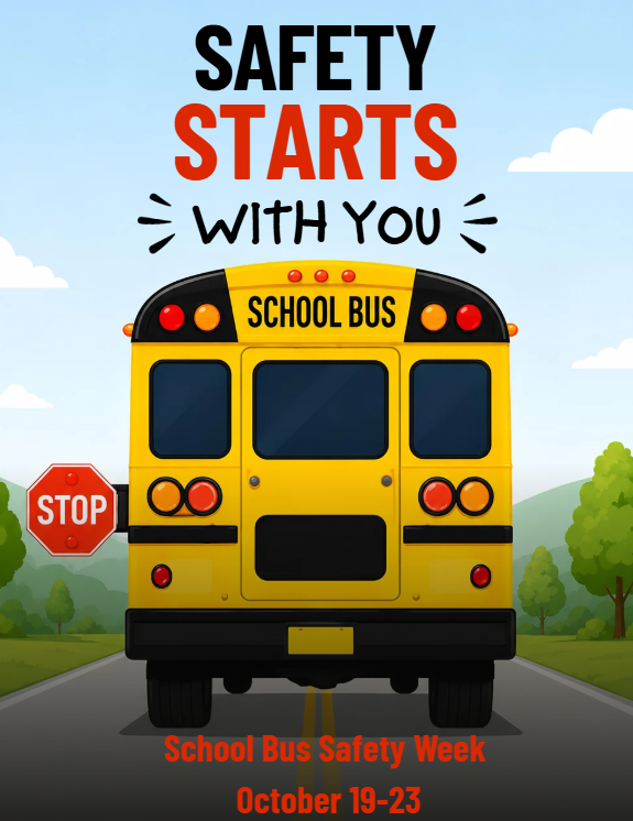 School Bus safety week poster with school bus with stop sign out