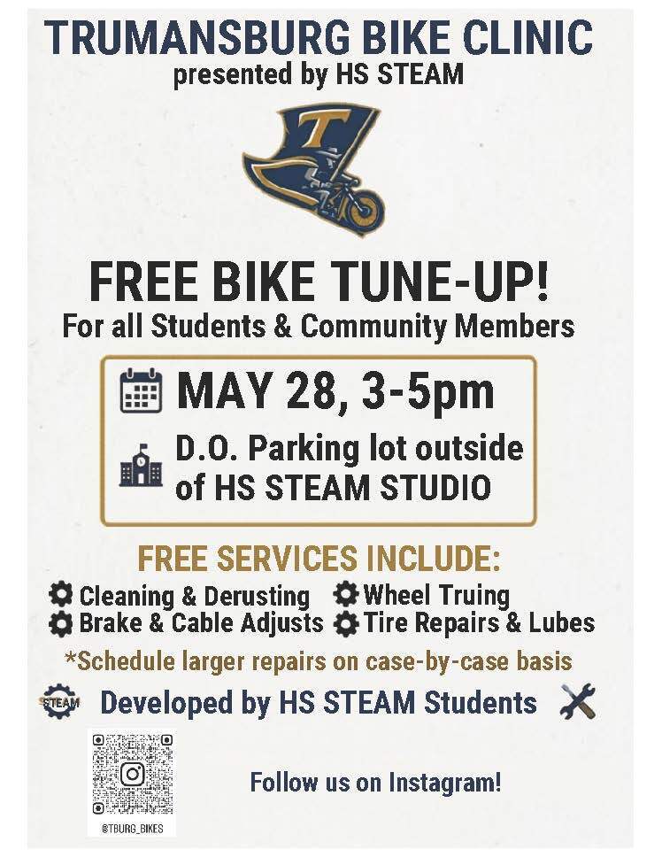 Flier with May 28 and 3-5pm for the bike clinic in the DO parking lot