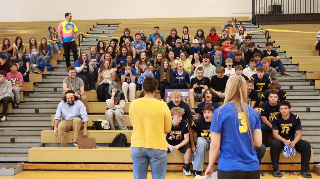 Students in the bleachers screaming loudly with two in front