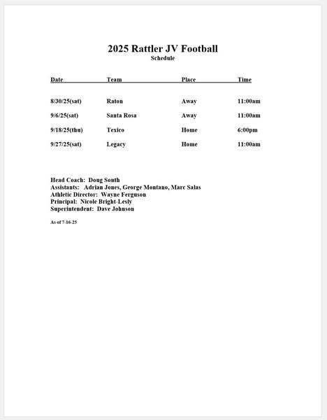 jv rattler football schedule