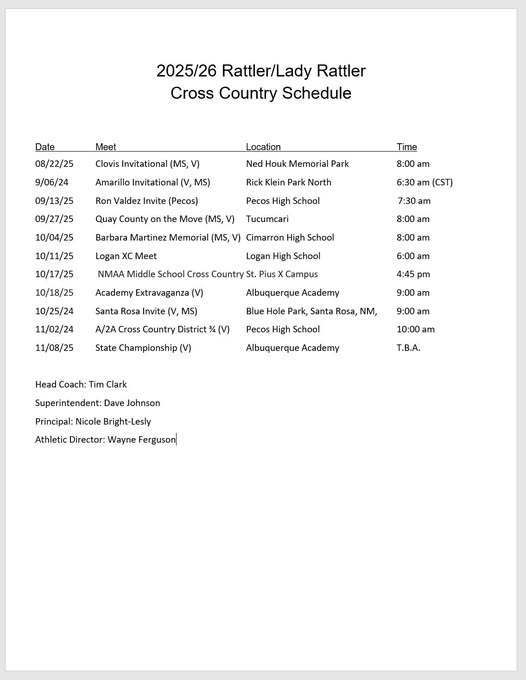 Cross Country Schedule