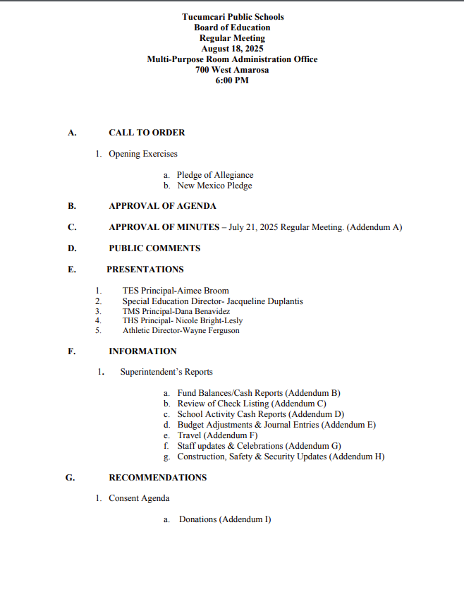 board meeting agenda
