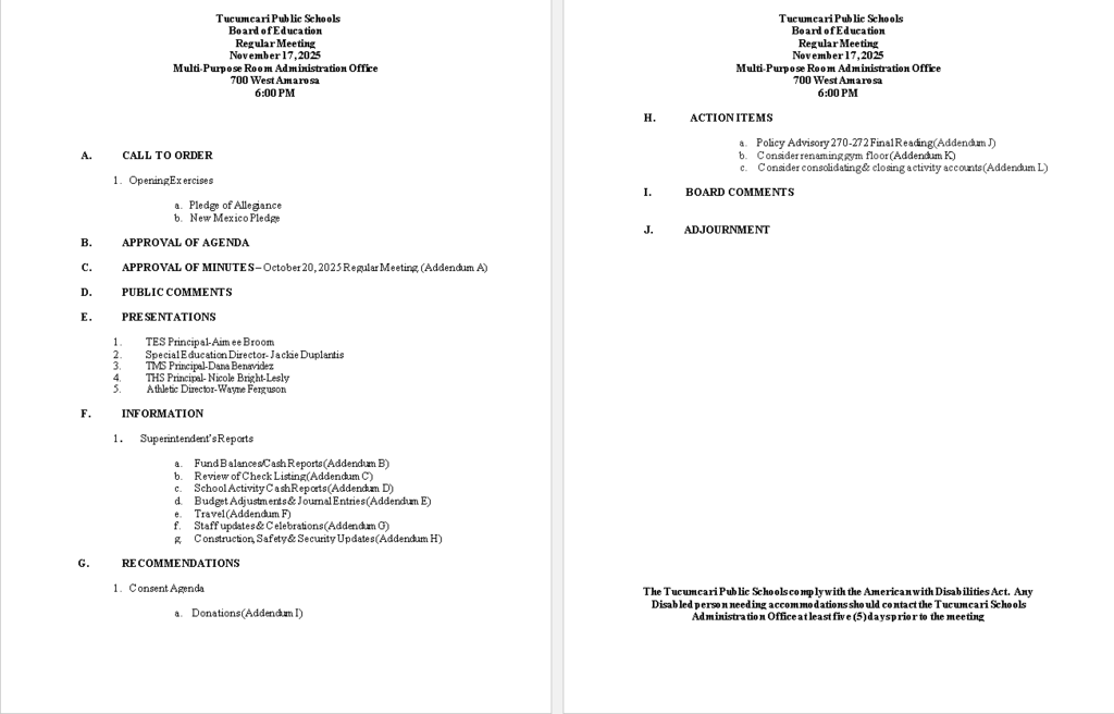 TPS Board of Education Regular Meeting 11-17-2025