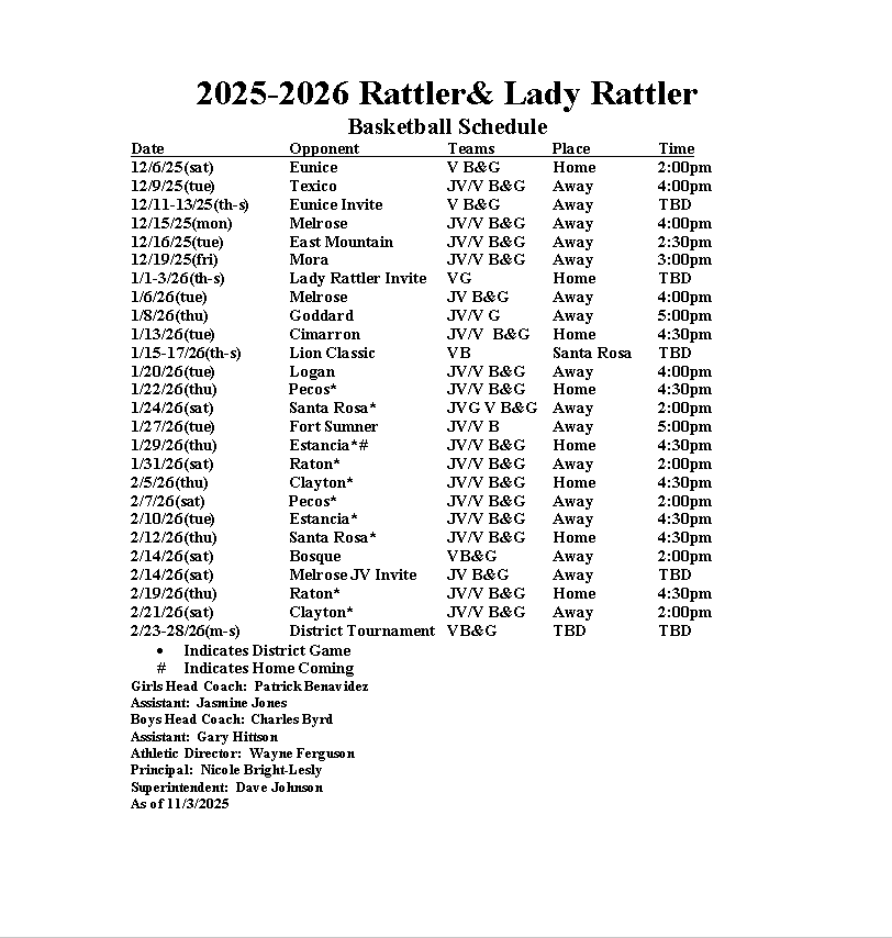 2025-2026 Rattler & Lady Rattler Basketball Schedule