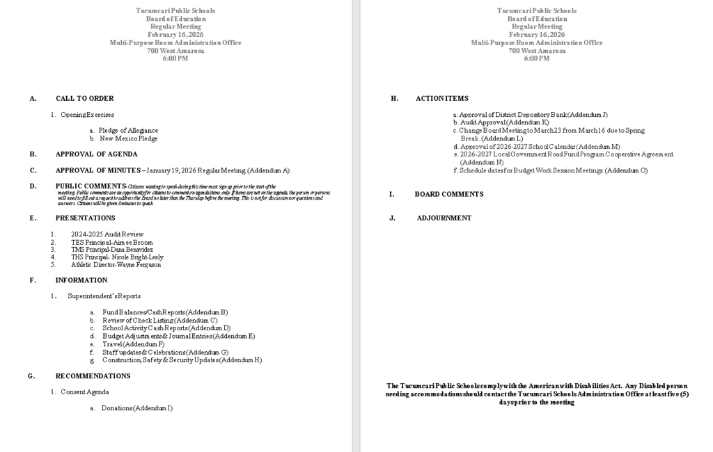 Tucumcari Board of Education Regular Meeting 2-16-2026