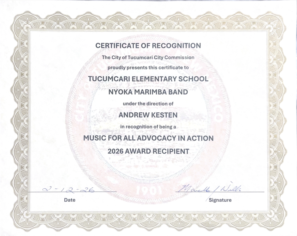 Nyoka Marimba Band Certificate of Recognition