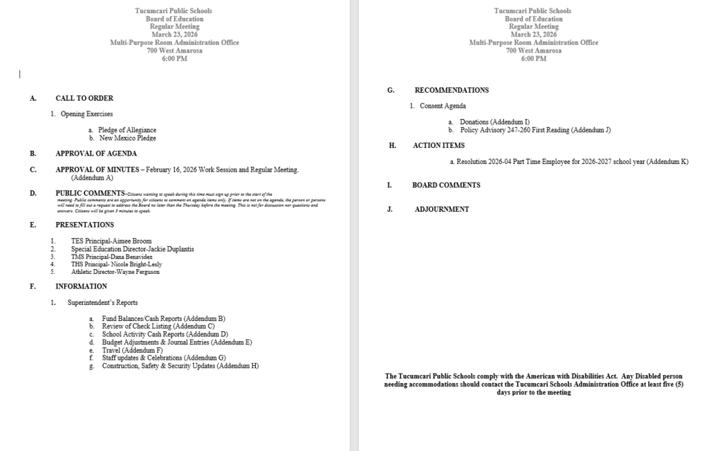 TPS Regular Meeting Board Agenda 3-23-2026