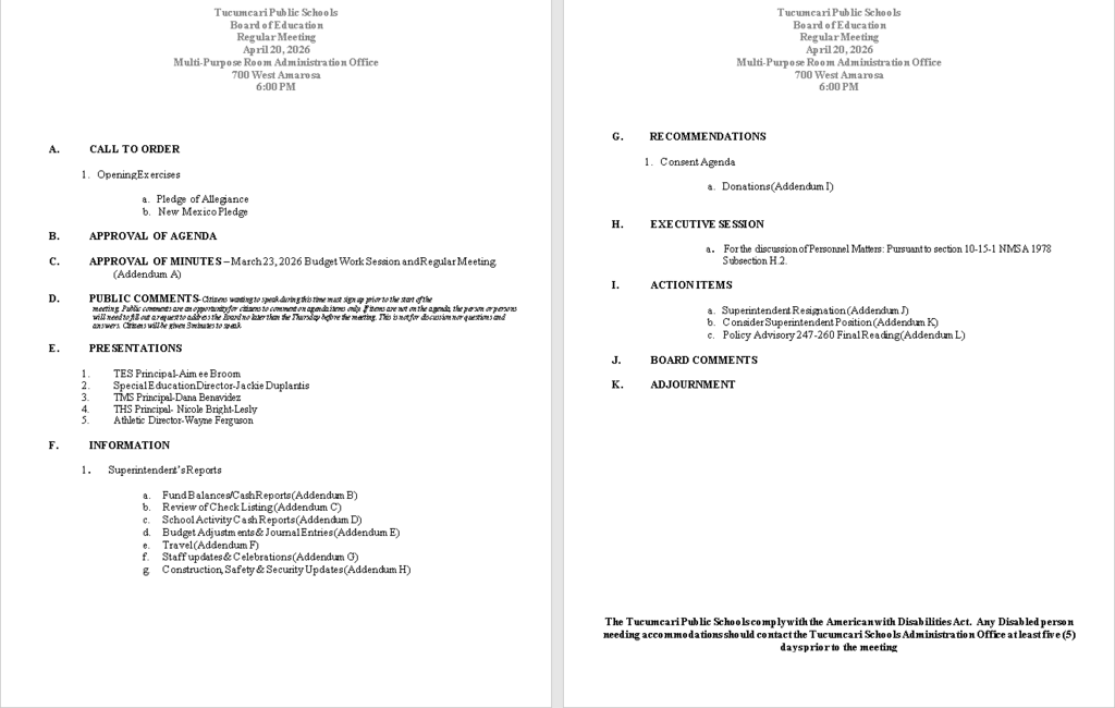 TPS Board of Education Regular Meeting 4-20-2026