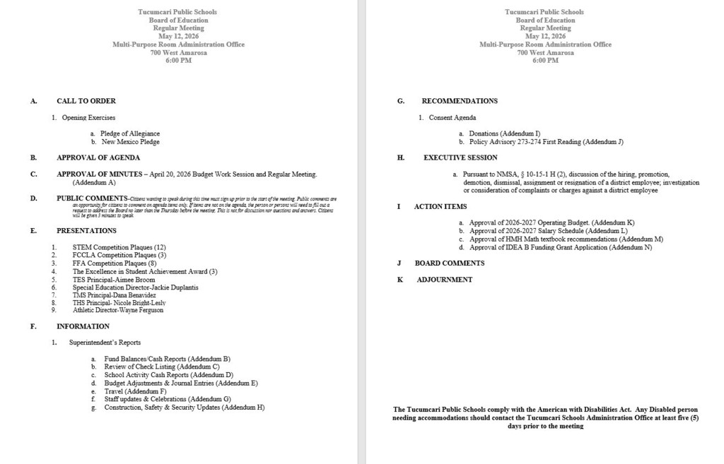 TPS Regular Meeting Board Agenda 5-12-2026