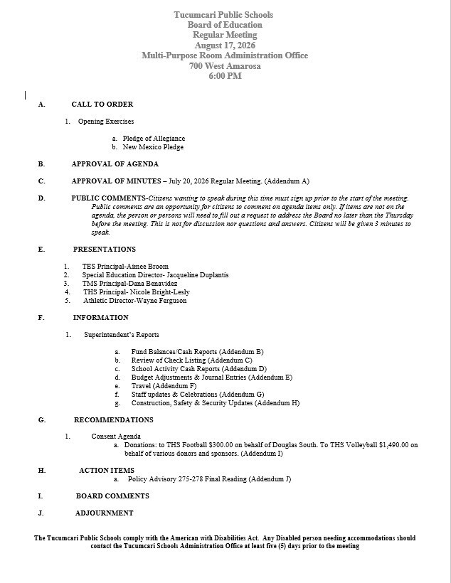 TPS Board of Education Regular Meeting 8-17-2026
