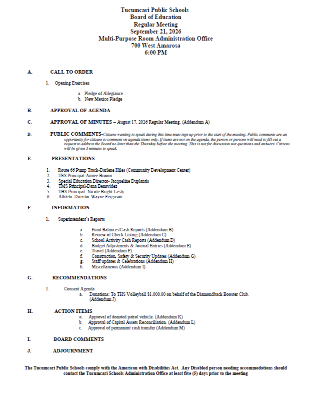 TPS Board of Education Regular Meeting 9-21-2026