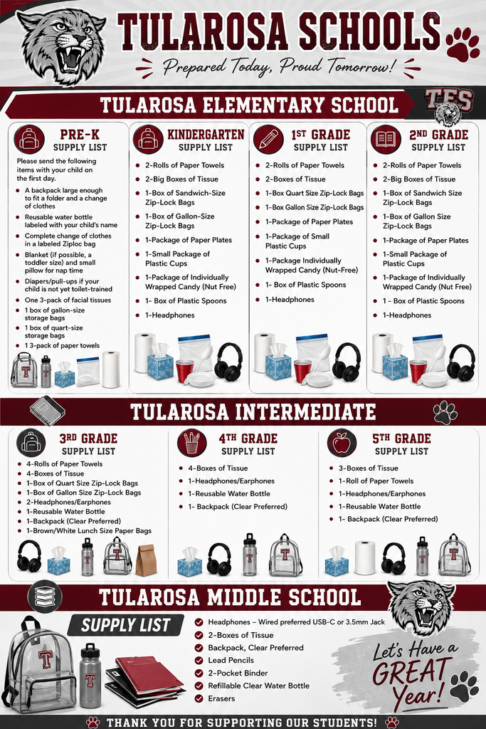 School Supply list for 2026-2027 school year