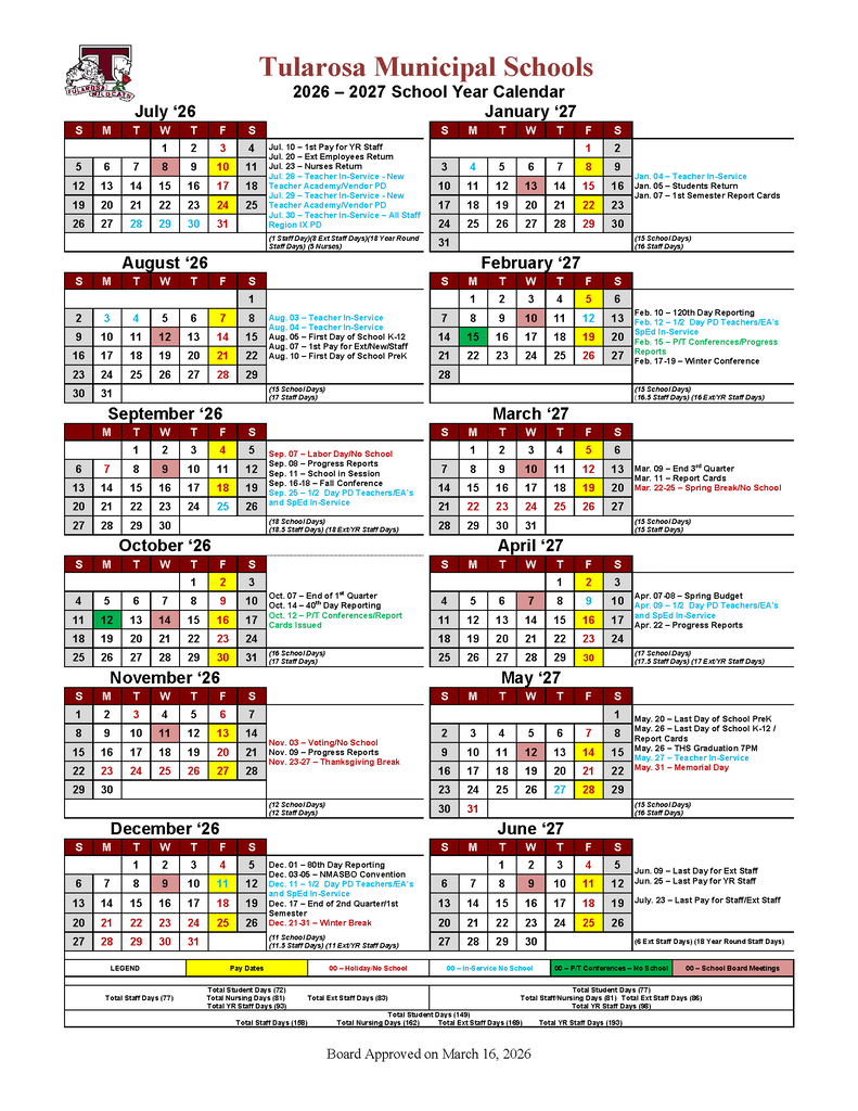 2026-2027 School year Calendar 