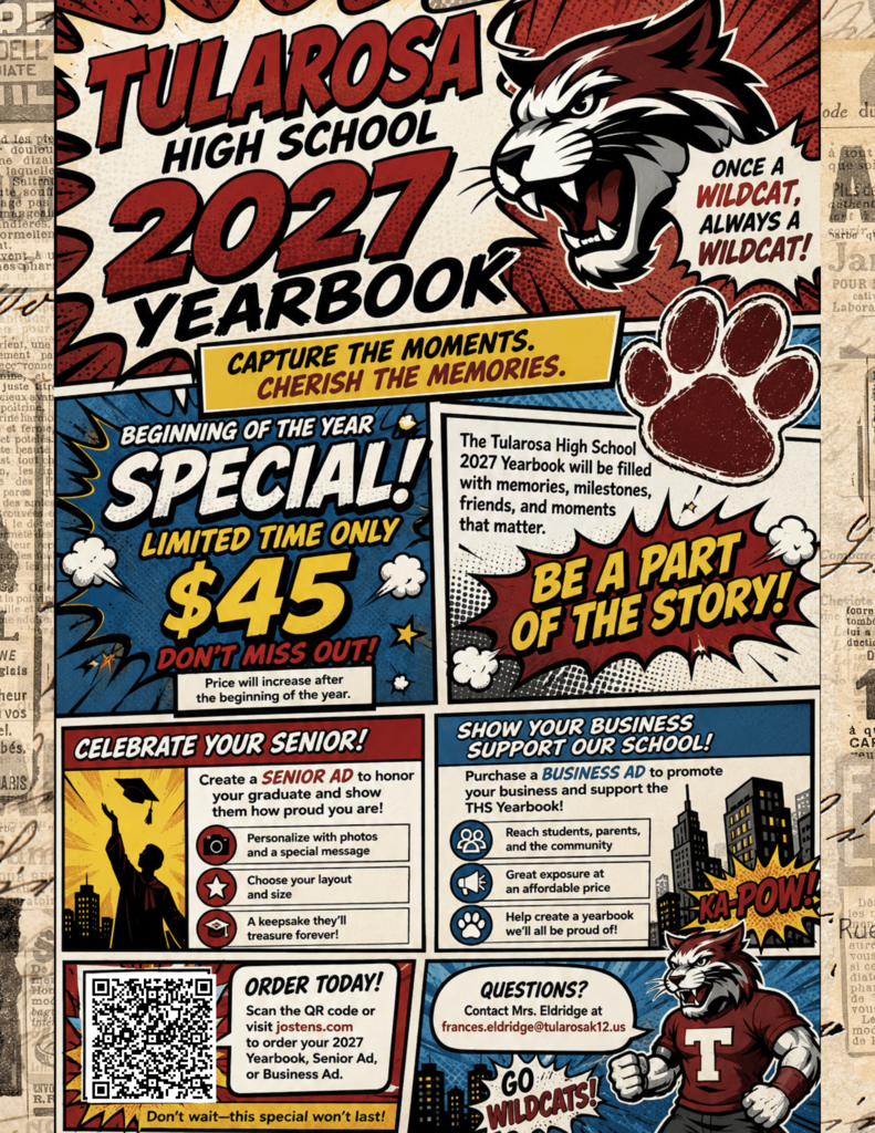 A colorful, graphic ad for a yearbook features a lion, paw prints, and mascot. It offers limited time specials and includes a QR code.
