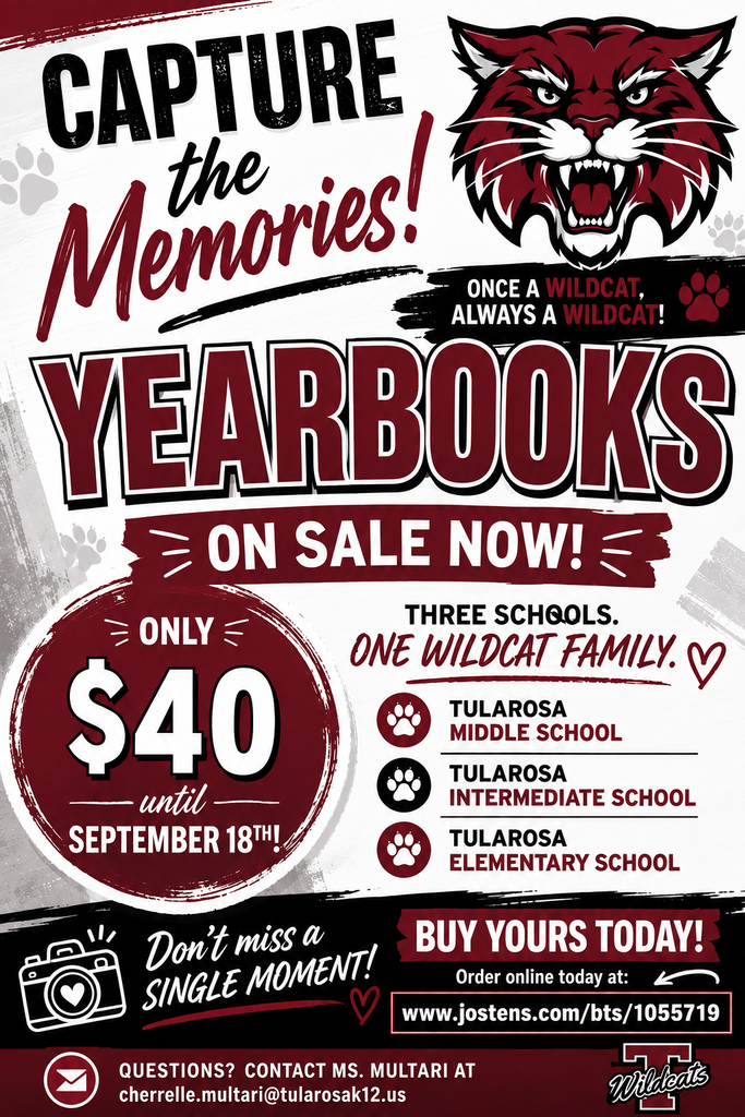 Red poster advertising yearbooks for sale. Shows price of $40 until Sept 18. Three schools listed: Tularosa Middle, Tularosa Intermediate, Tularosa Elementary.