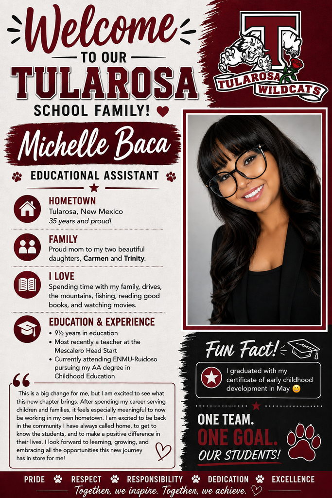 An informational graphic introduces Michelle Baca, an educational assistant at Tularosa School. It includes her photo, hometown, family details, and favorite activities.