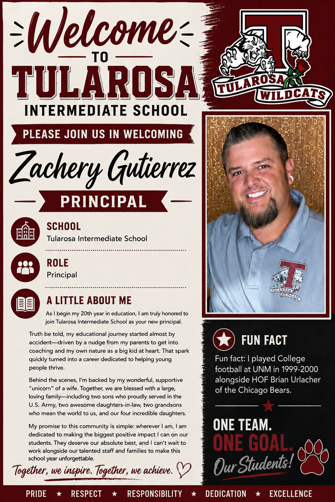 A red and white flyer featuring a smiling man, Zachary Gutierrez, in a light blue shirt. Text reads: "Welcome to Tularosa Intermediate School, Principal."