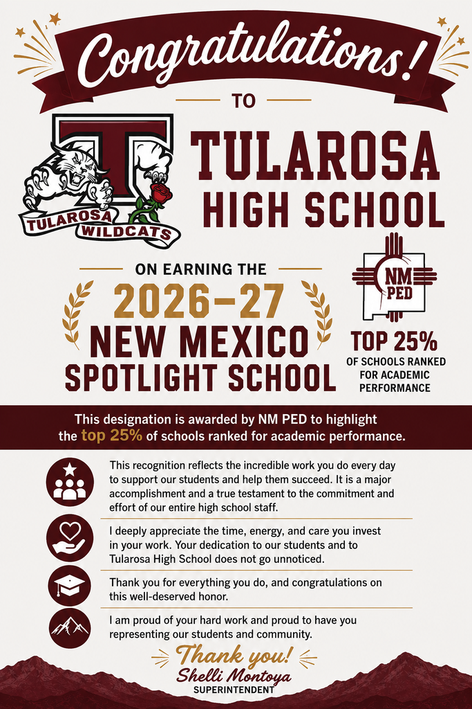 Poster congratulates Tularosa High School for being in the top 25% of New Mexico Spotlight Schools for 2026-2027.