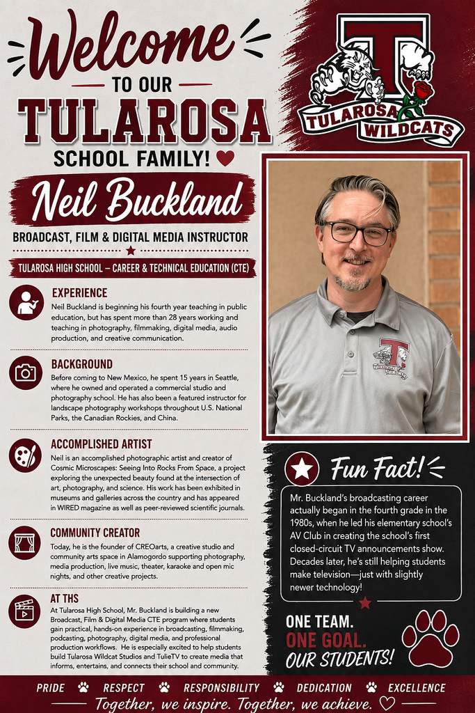 Graphic with photo of man and text: "Welcome to our Tularesa School Family! Neil Buckland Broadcast, Film, Digital Media Instructor"