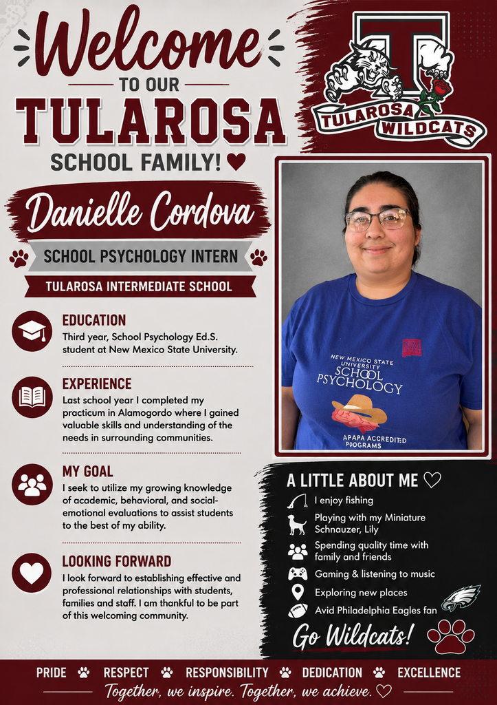 An image features a woman in a blue shirt and glasses. Text reads "Welcome to our Tuiarosa School Family! Danielle Cordova, School Psychology Intern."