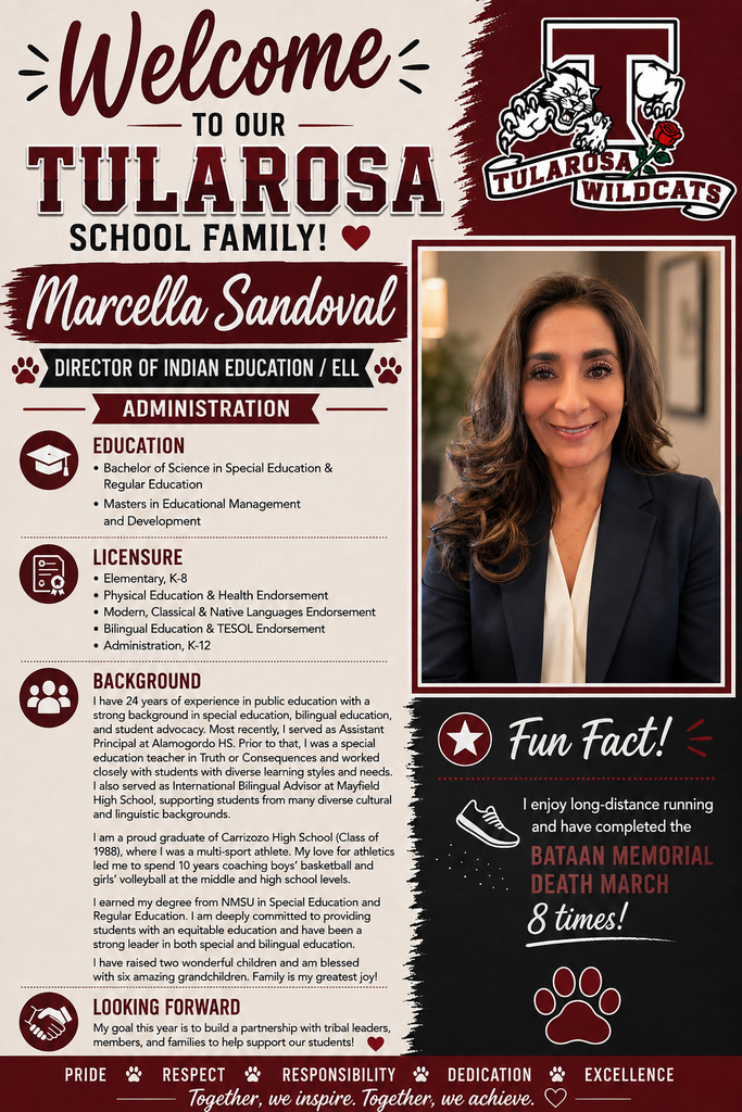 A poster welcomes Marcella Sandoval, Director of Administration/ELL, to a school family. It features her photo, education background, professional experience, and a fun fact.