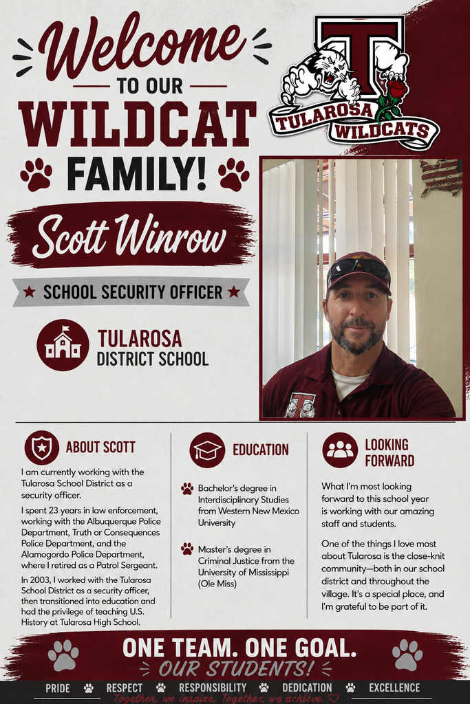 A poster featuring Scott Winrow, a school security officer, with a photo, name, and background. It highlights his education and experience.