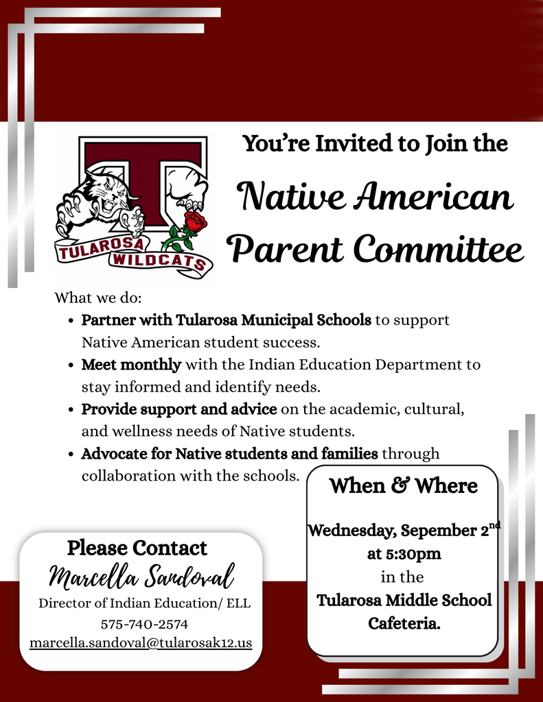 A maroon and white flyer invites participation in the Native American Parent Committee. It includes a logo and details on meeting location and time.