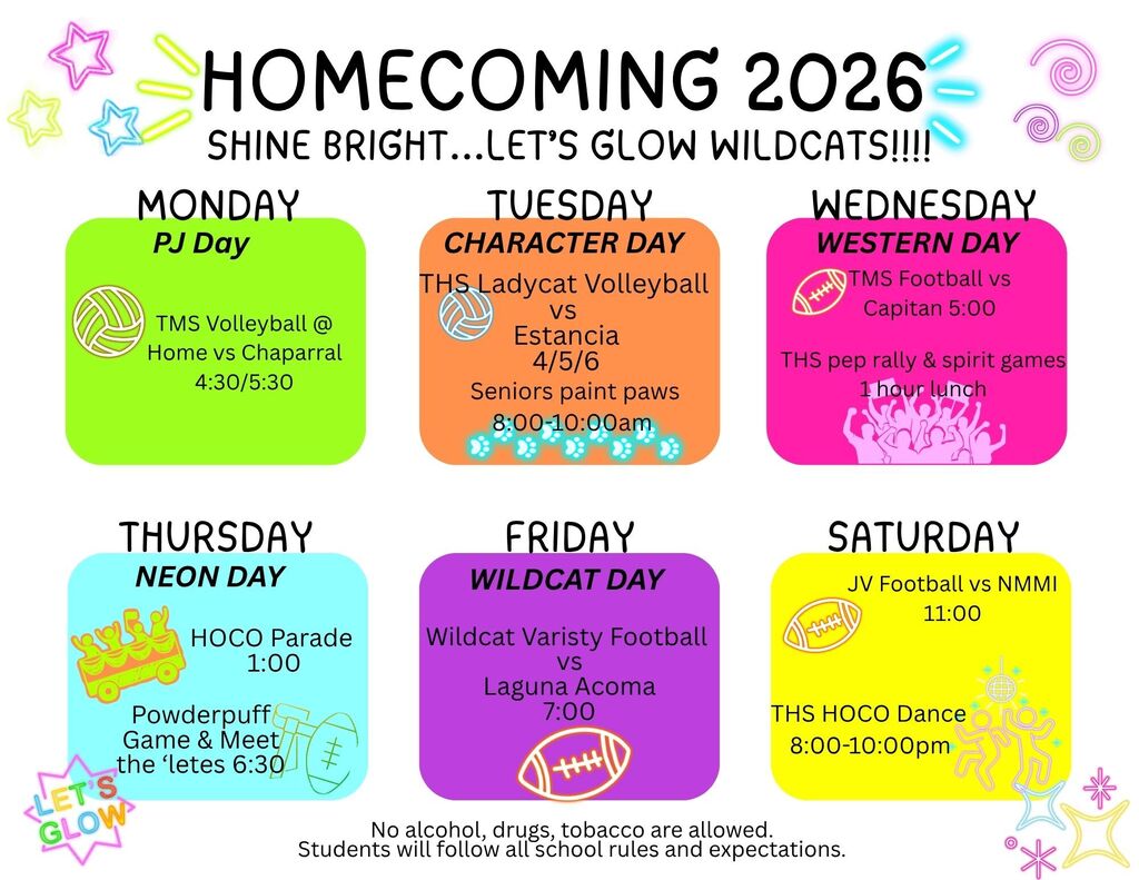 A poster displays the 2026 homecoming schedule with vibrant colors and icons for each day, from Monday PJ Day to Saturday's dance.
