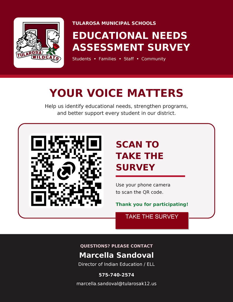 White and red layout with a logo and text "Educational Needs Assessment Survey" at the top. A QR code is below it with text "Scan to take the survey."