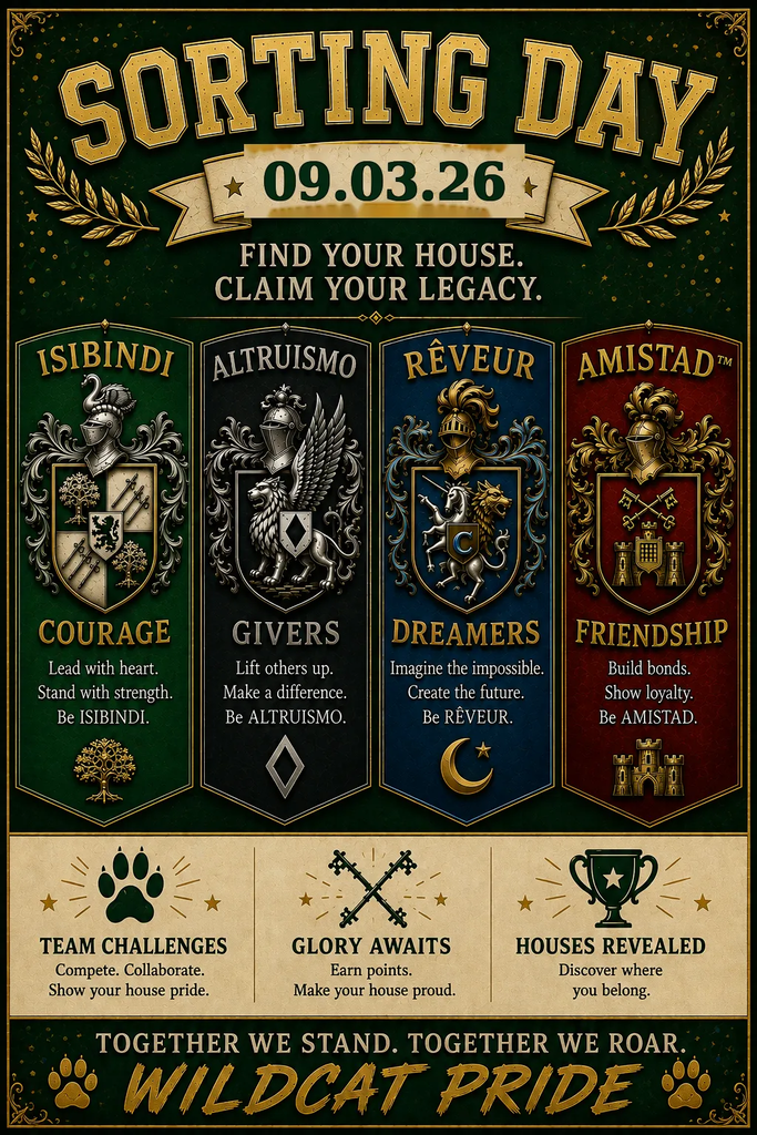A poster with five vertical banners. Each banner represents a house. House names and mottos are listed.