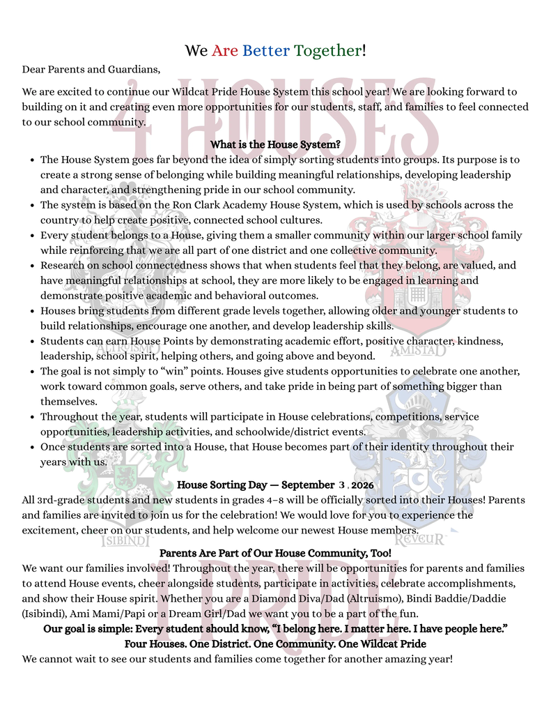 A letter from a school explaining their Pride House System, which groups students into houses to strengthen their district, provides a sense of belonging, and fosters academic and social outcomes.