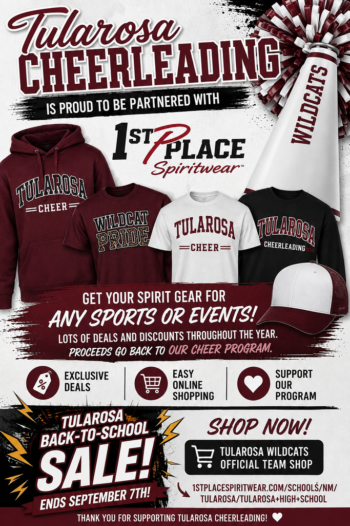 A poster promotes the Tularosa Cheerleading team's merchandise. It highlights hoodies and T-shirts. Offers include discounts and support.