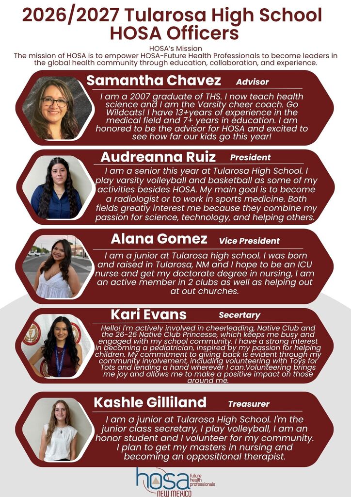 Five young women present their roles and experiences. Samantha Chavez as Advisor, Audreanna Ruiz as President, Alana Gomez as Vice President, Kari Evans as Secretary, and Kashyle Gilliland as Treasurer.