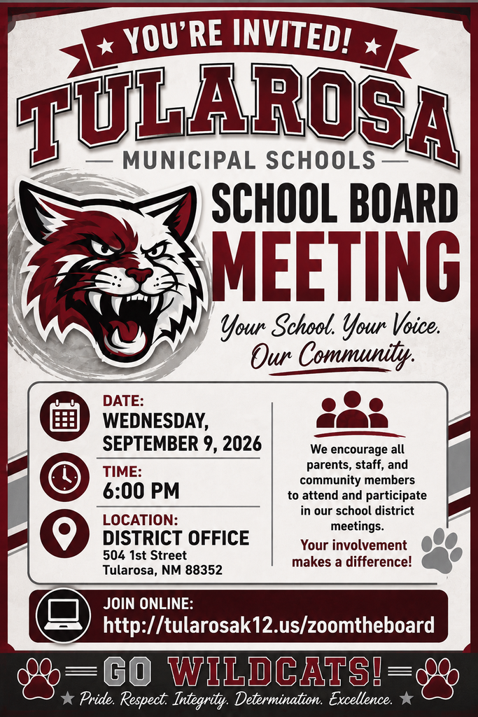 School board meeting invitation with date, time, and location. Logo of a roaring red cat. Website and meeting link provided.