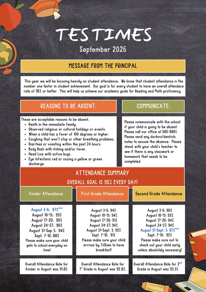 Black background with text and graphics. Header says "TEST TIMES" and "September 2026". Sections for message, reasons to be absent, communicate, and attendance summary.