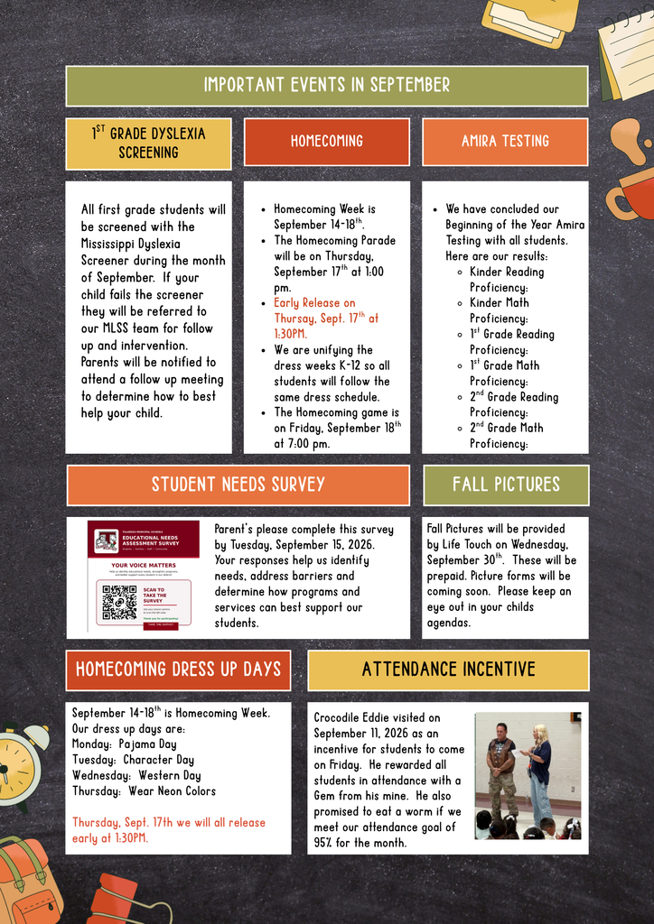Document with six headings: "Grade Dyslexia Screening", "Homecoming", "APRIL Testing", "Student Needs Survey", "Homecoming Dress Up Days", and "Attendance Incentive". A clock and backpack are below "Homecoming Dress Up Days".