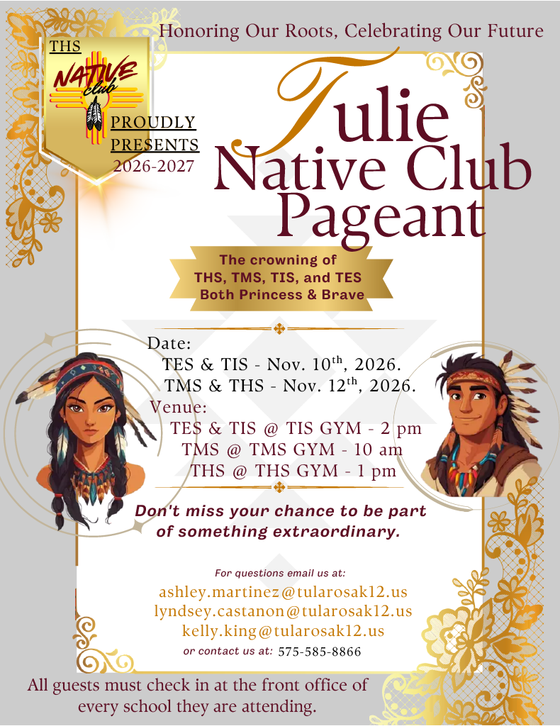 A poster advertises the "Julie Native Club Pageant" for 2026-2027. The event includes crowning TES and TIS princesses.