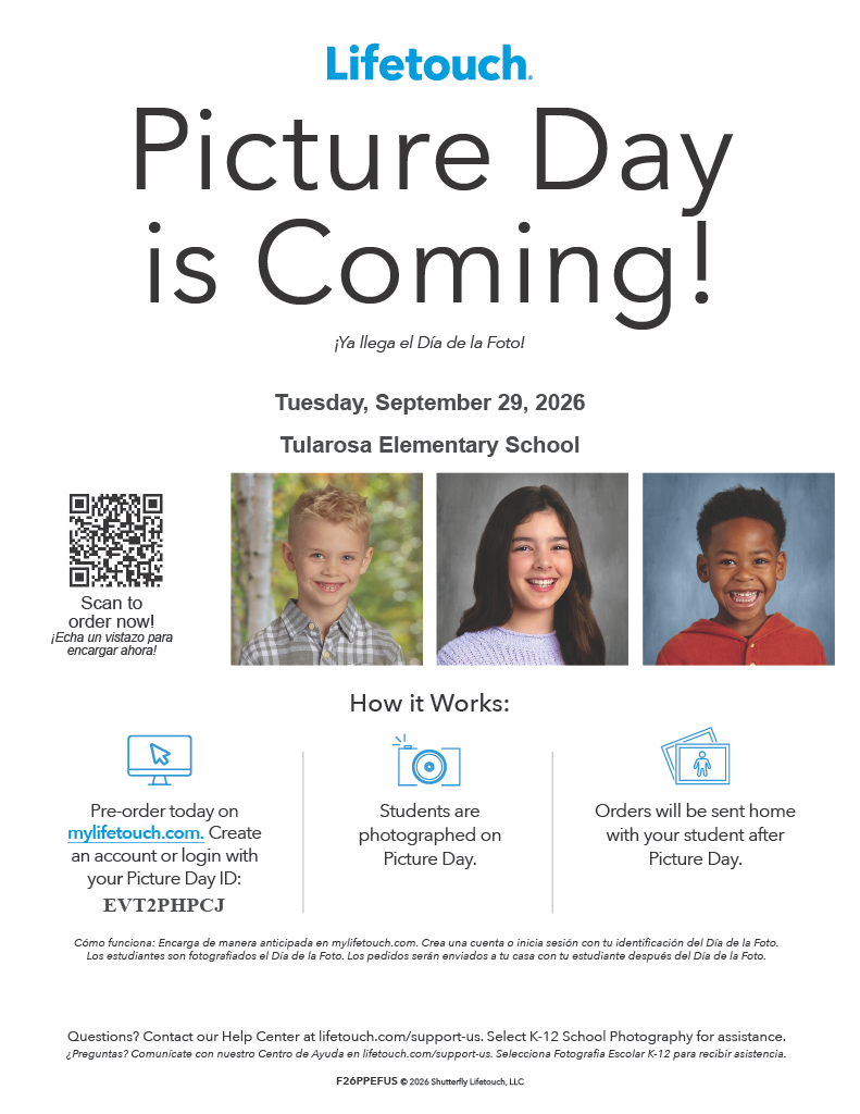 A poster for Picture Day at Tularesa Elementary School, September 29, 2016. Three children’s photos, instructions on how to order pictures.