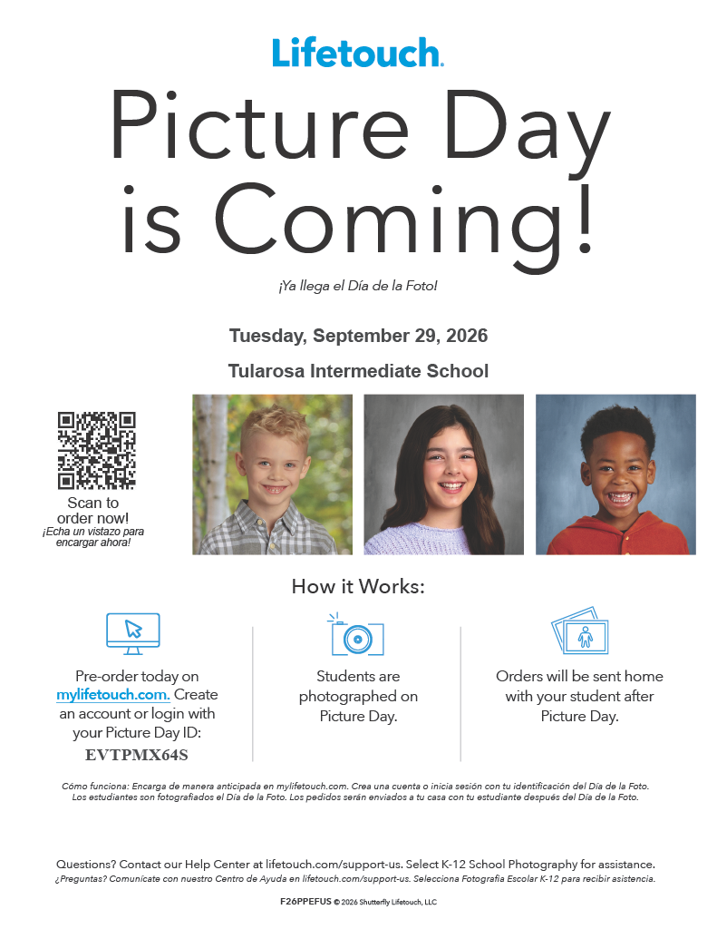 Advertisement for Picture Day on September 29, 2026, at Tularesa Intermediate School. It shows three children with instructions on ordering and photographing.