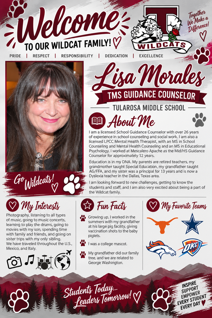 A welcome page with a woman's photo, name, and role as TMS Guidance Counselor. Interests include photography, learning instruments, and travel. Fun facts include a college mascot and summer with a grandfather.