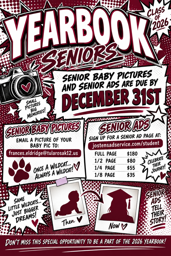 A poster with a red and black background promotes the 2026 yearbook. It includes a deadline of December 31 for senior baby pictures and ads.