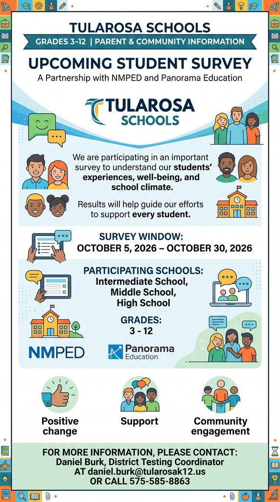 Poster with blue and white colors, highlighting a survey for students in grades 3-12. It lists participating schools and survey dates.