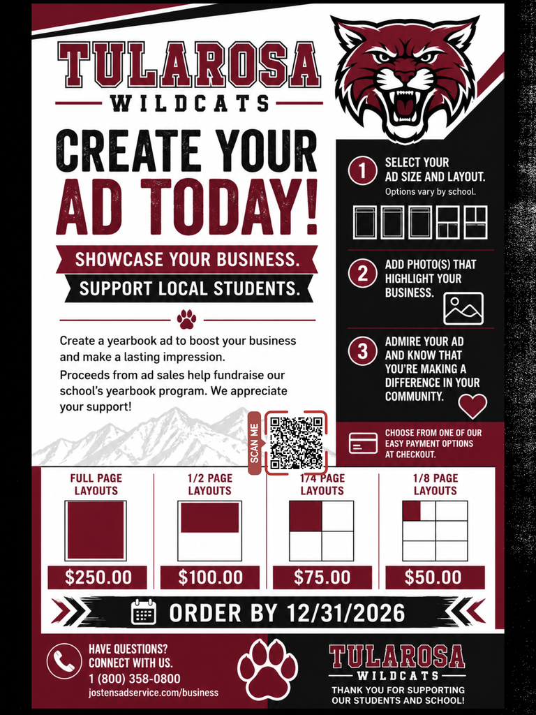 A poster invites the audience to create a yearbook ad for the Tularosa Wildcats. It highlights ad options, prices, and a deadline.
