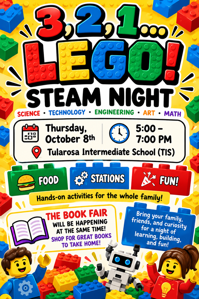Poster featuring Lego figures and robots. Event details for a Lego STEAM night at the school, including time, date, and activities.