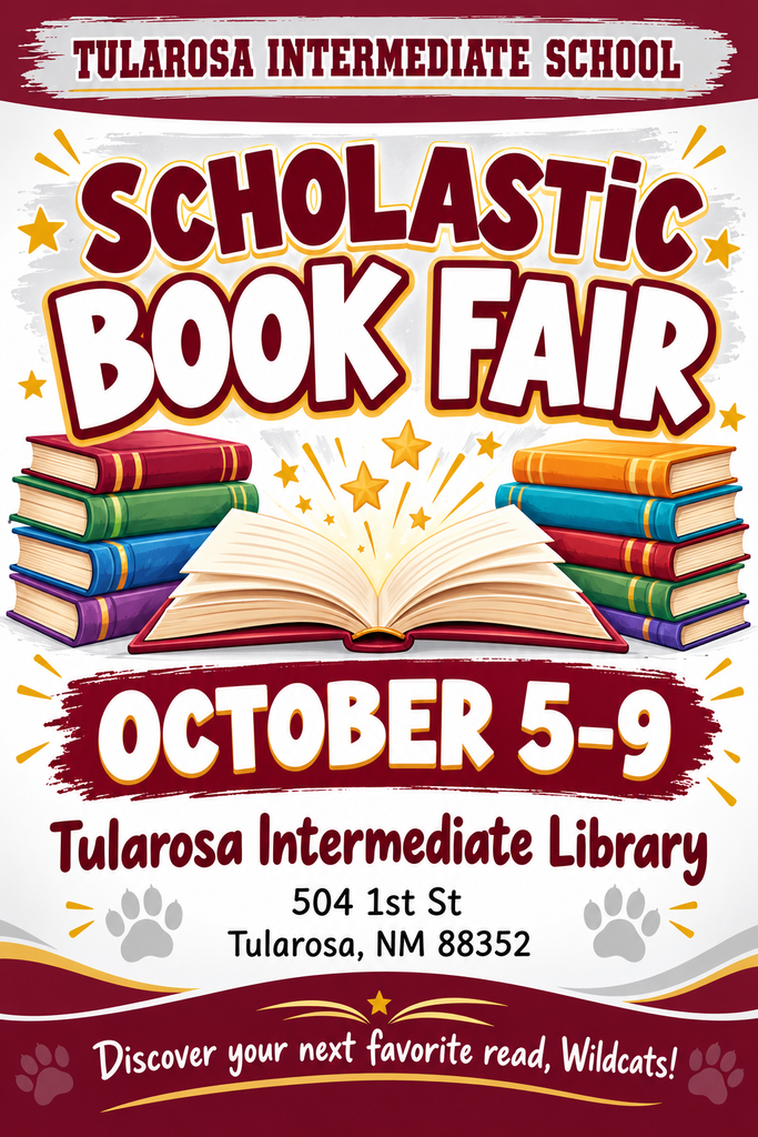 A vibrant poster with books, stars, and paw prints. It reads "Scholastic Book Fair" with dates and location.