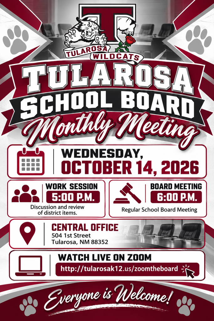 Red, white, black design. "Tularosa School Board Monthly Meeting" in bold. Date: October 14, 2026. Time: 5:00 p.m. Work session, 6:00 p.m. Board meeting. Location: Central Office. Watch live on Zoom.