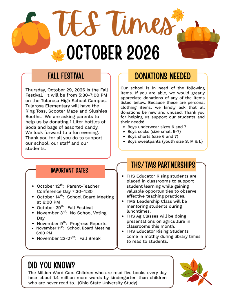 A school newsletter dated October 2026 with sections like "Fall Festival," "Donations Needed," "This/Tms Partnerships," and "Did You Know?" A colorful leaf and pumpkins are in the corners.