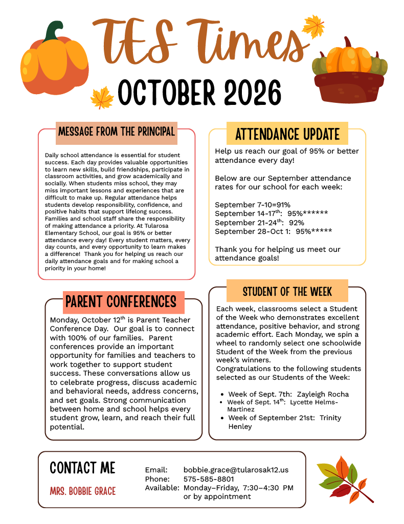 A school newsletter for October 2026 with sections on attendance update, student of the week, and contact information.